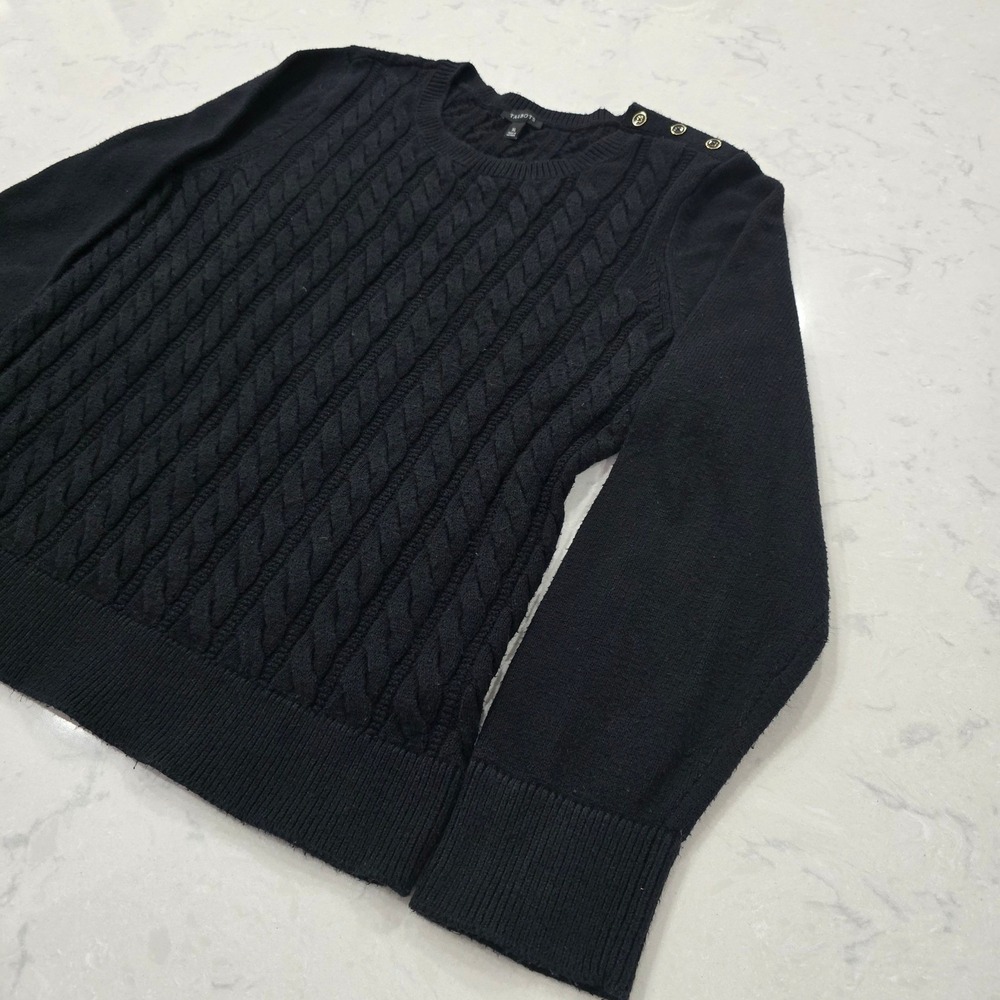 Talbots Timeless Womens XL Black Preppy Cable Knit Sweater Crew Neck Pullover